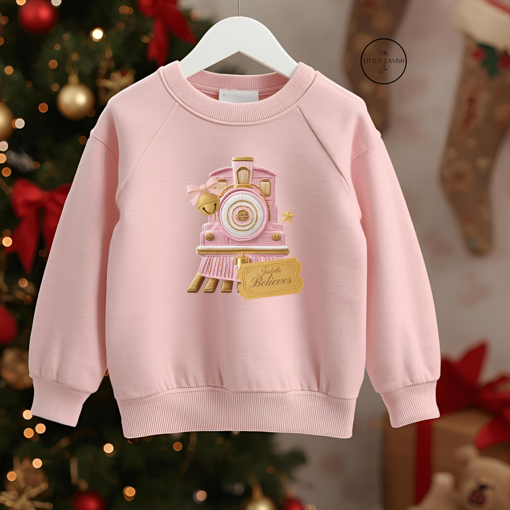 Personalised Christmas Pink Express Train Sweatshirt – Embroidery Style